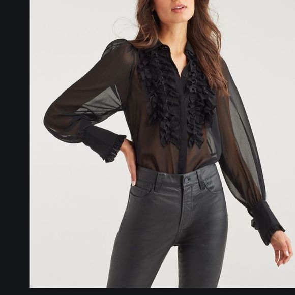 St. John Sz 6 Black Silk Ruffle Blouse Sheer - Picture 1 of 9
